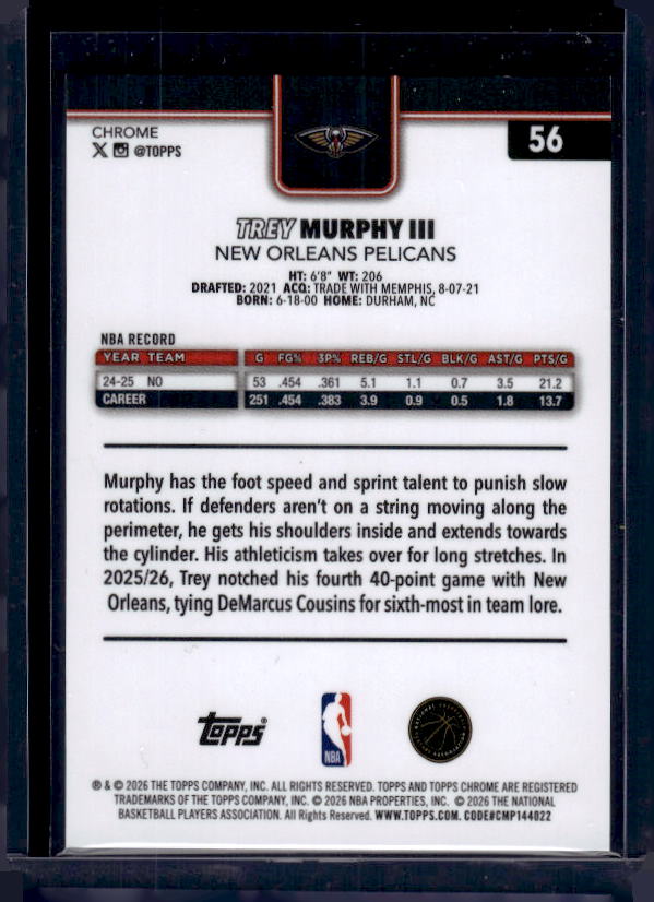 2025-26 Topps Chrome Update #56 Trey Murphy III Red Refractor #/5