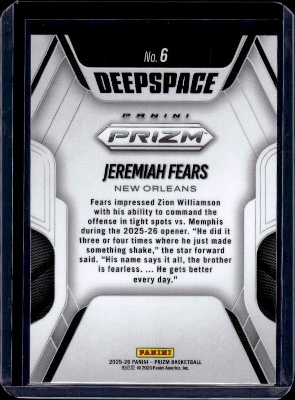 2025-26 Panini Prizm #6 Jeremiah Fears Deep Space