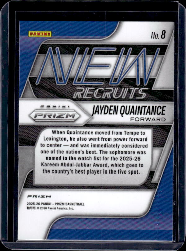 2025-26 Panini Prizm #8 Jayden Quaintance New Recruits Silver Prizm