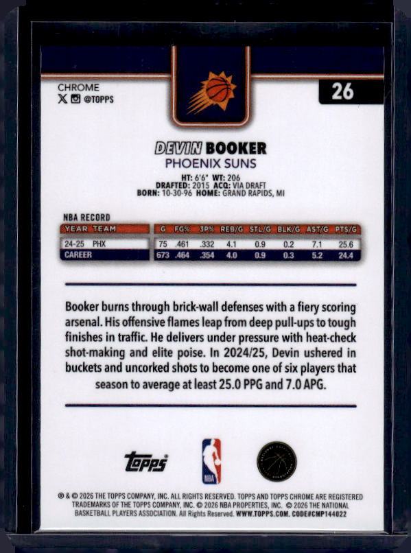 2025-26 Topps Chrome Update #26 Devin Booker Refractor