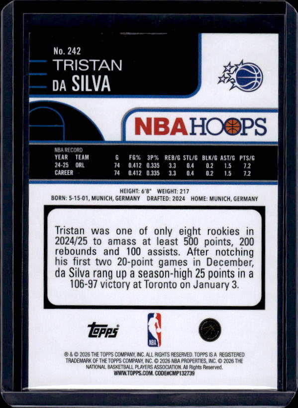 2025-26 Hoops #242 Tristan da Silva Green Hoops
