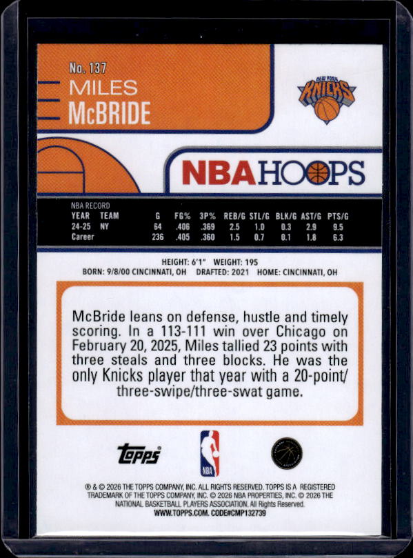 2025-26 Hoops #137 Miles McBride Green Hoops
