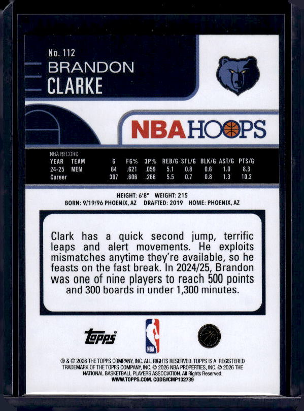 2025-26 Hoops #112 Brandon Clarke Green Hoops