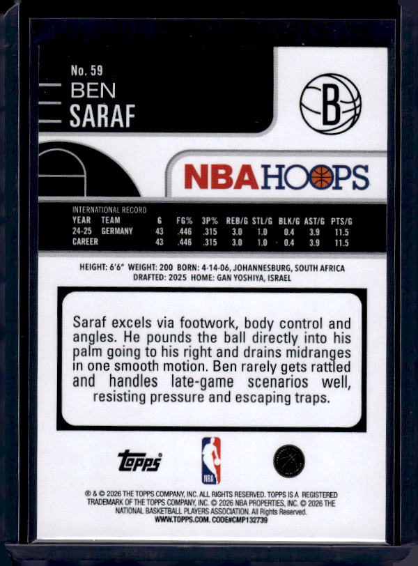 2025-26 Hoops #59 Ben Saraf Pixel Burst