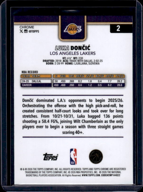 2025-26 Topps Chrome Update #2 Luka Dončić