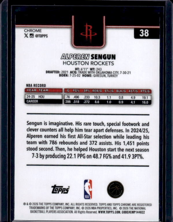 2025-26 Topps Chrome Update #38 Alperen Sengun X-Fractor