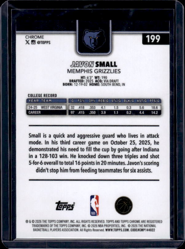 2025-26 Topps Chrome Update #199 Javon Small X-Fractor