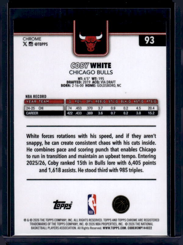 2025-26 Topps Chrome Update #93 Coby White X-Fractor
