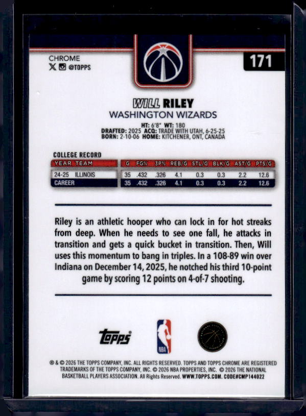 2025-26 Topps Chrome Update #171 Will Riley X-Fractor