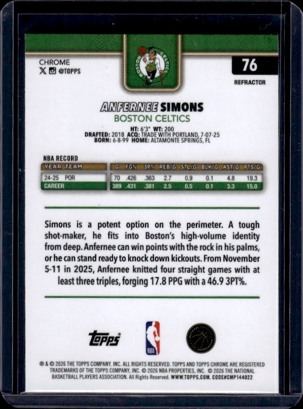 2025-26 Topps Chrome Update #76 Anfernee Simons Refractor