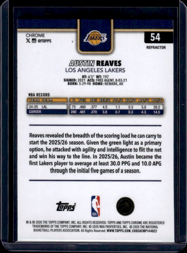 2025-26 Topps Chrome Update #54 Austin Reaves Refractor