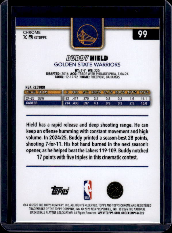 2025-26 Topps Chrome Update #99 Buddy Hield Red White and Blue Refractor