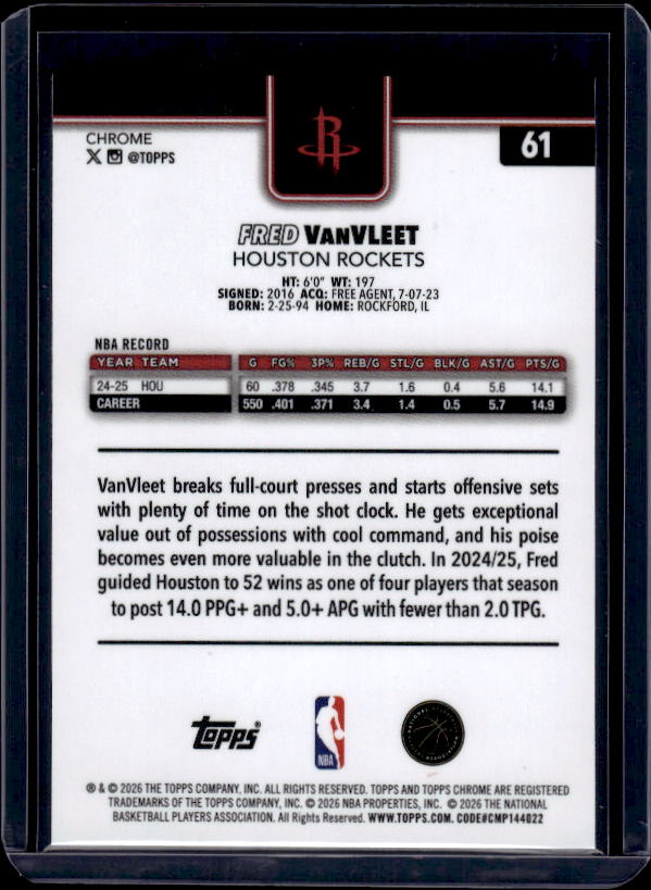2025-26 Topps Chrome Update #61 Fred VanVleet Red White and Blue Refractor