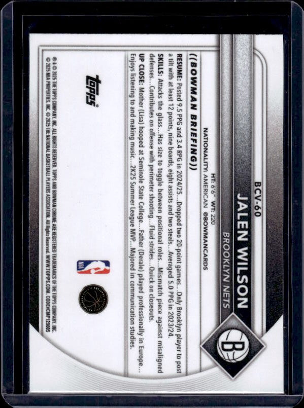 2025-26 Bowman #BCV-60 Jalen Wilson Chrome