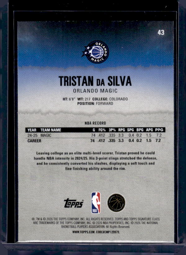 2025-26 Topps Signature Class #43 Tristan da Silva Blue & Orange
