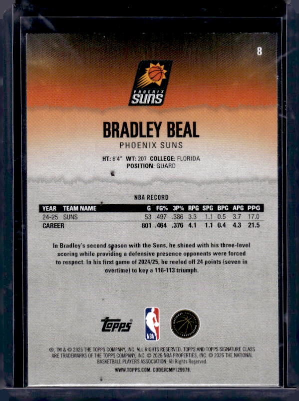 2025-26 Topps Signature Class #8 Bradley Beal Blue & Orange