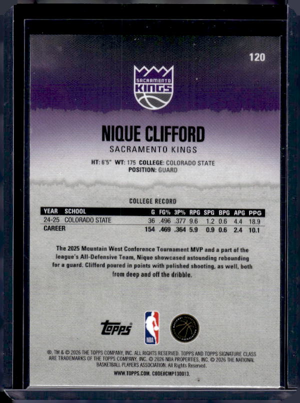 2025-26 Topps Signature Class #120 Nique Clifford Chrome Pandora Refractors