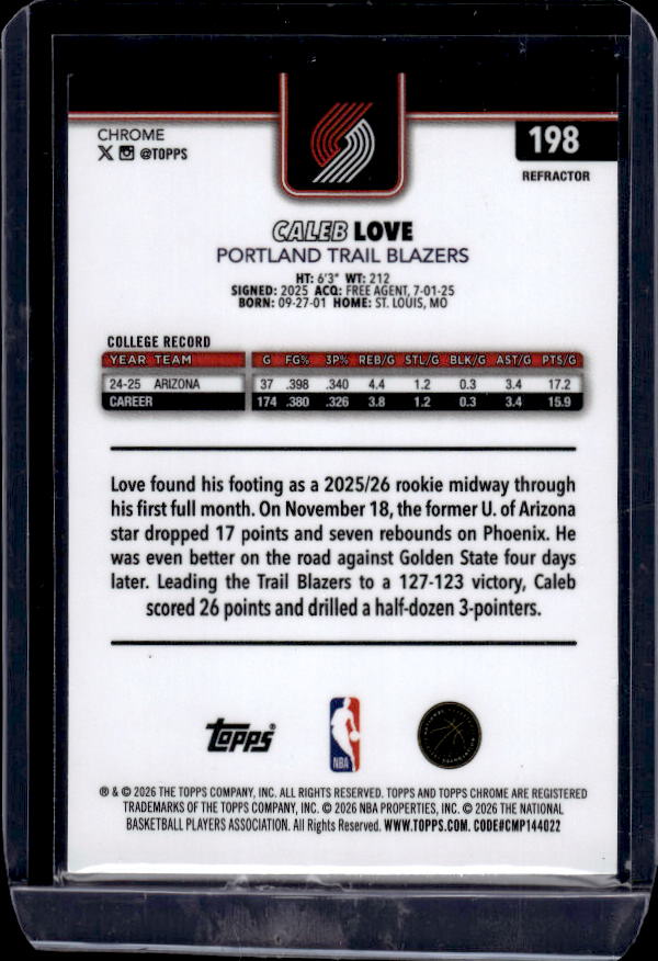 2025-26 Topps Chrome Update #198 Caleb Love Refractor