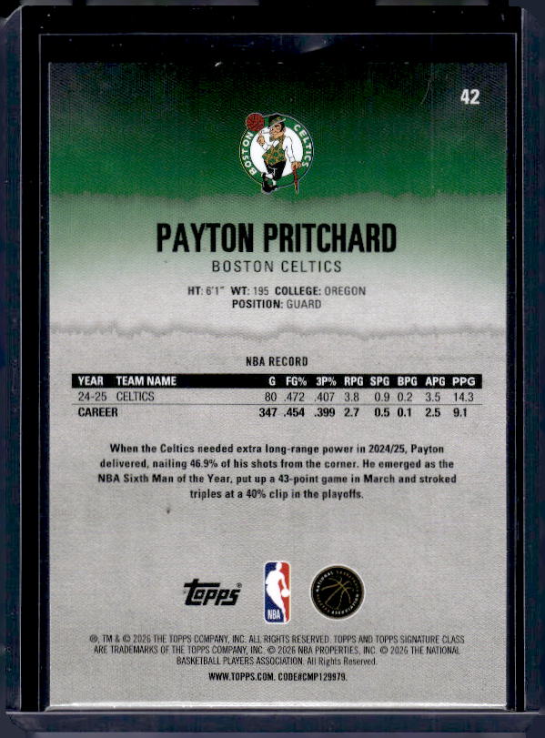 2025-26 Topps Signature Class #42 Payton Pritchard Blue & Orange