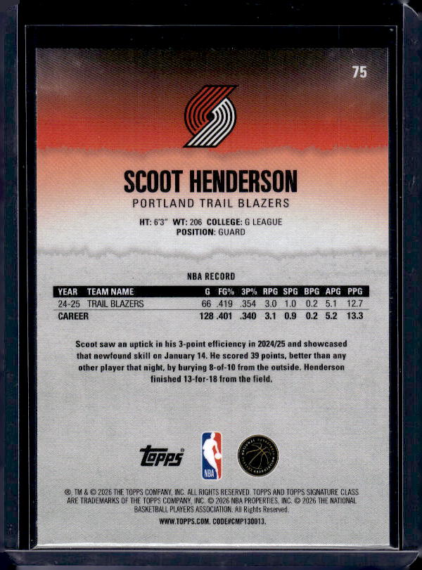 2025-26 Topps Signature Class #75 Scoot Henderson Chrome
