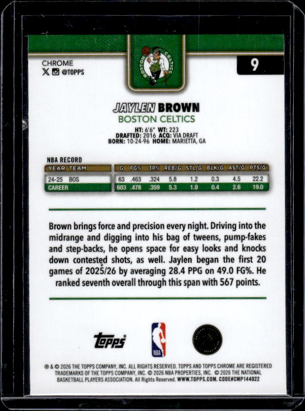 2025-26 Topps Chrome Update #9 Jaylen Brown X-Fractor