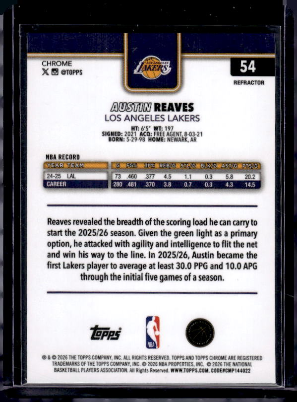 2025-26 Topps Chrome Update #54 Austin Reaves Refractor