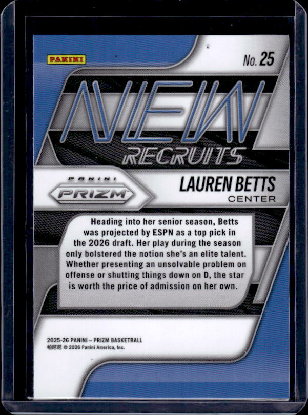 2025-26 Panini Prizm #25 Lauren Betts New Recruits