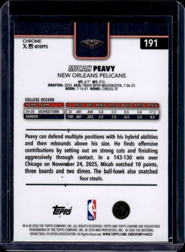 2025-26 Topps Chrome Update #191 Micah Peavy