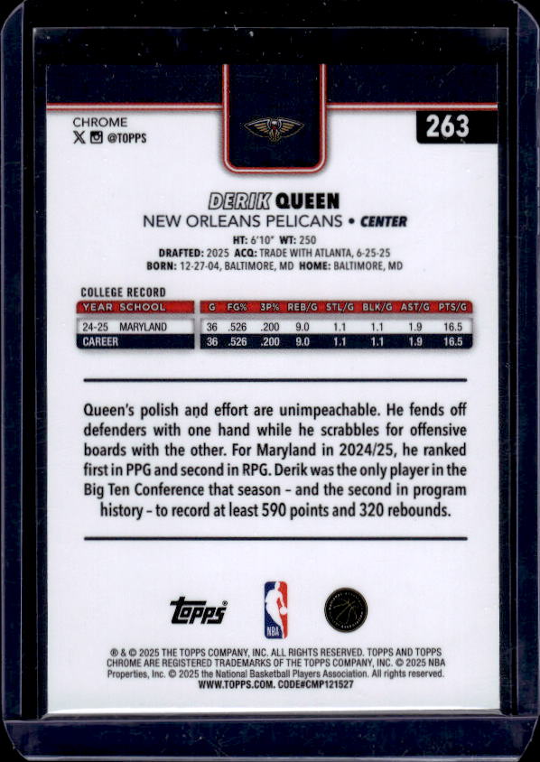 2025-26 Topps Chrome #263 Derik Queen X-Fractor