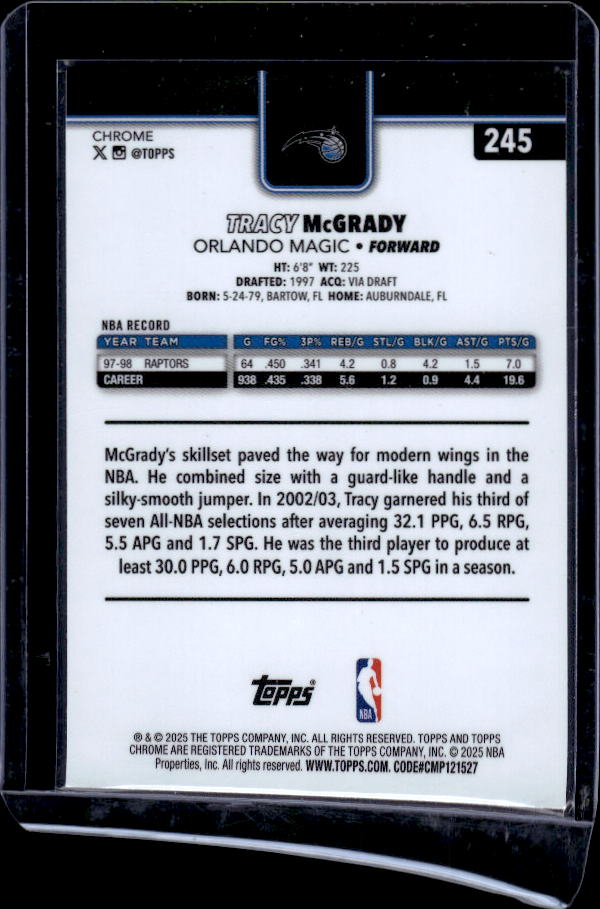 2025-26 Topps Chrome #245 Tracy McGrady Basketball Refractor