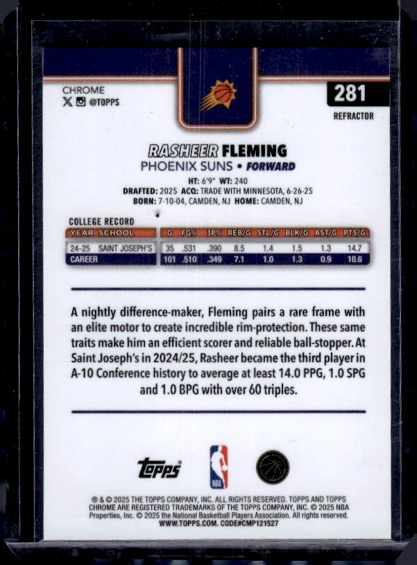 2025-26 Topps Chrome #281 Rasheer Fleming Refractor