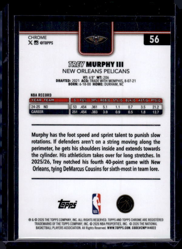 2025-26 Topps Chrome Update #56 Trey Murphy III X-Fractor