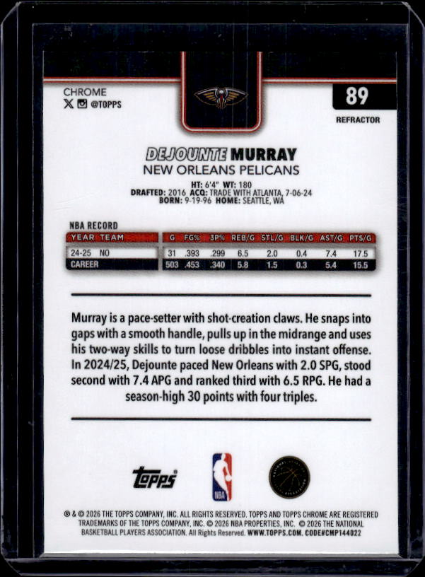 2025-26 Topps Chrome Update #89 Dejounte Murray Refractor