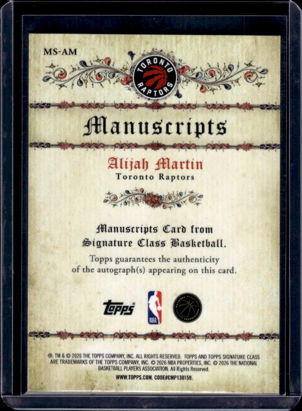 2025-26 Topps Signature Class #MS-AM Alijah Martin Manuscripts