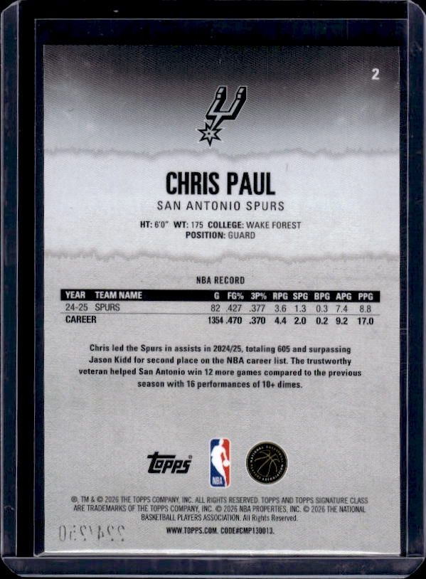 2025-26 Topps Signature Class #2 Chris Paul Chrome Magenta Refractors #/250