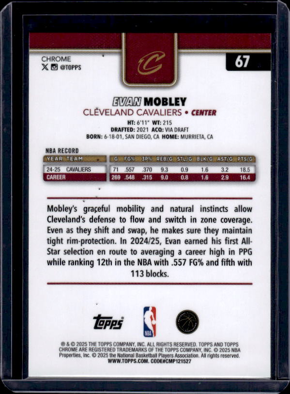 2025-26 Topps Chrome #67 Evan Mobley Purple Refractor #/75