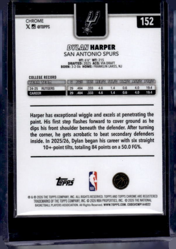 2025-26 Topps Chrome Update #152 Dylan Harper