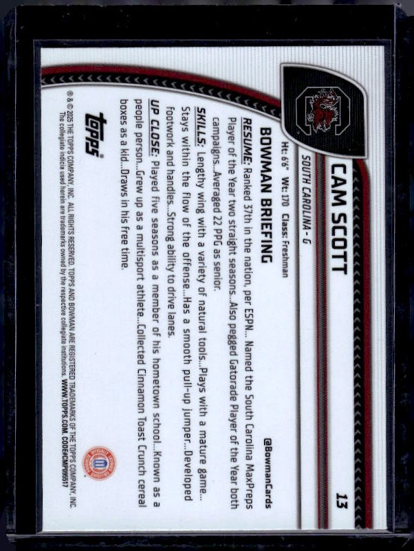 2024-25 Bowman University Chrome #13 Cam Scott Green Shimmer Refractor