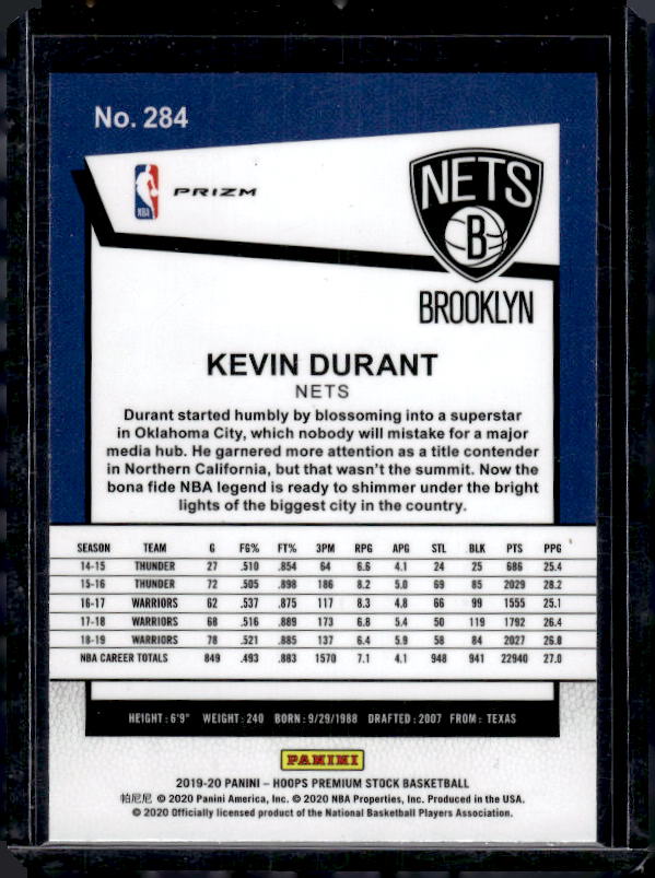 2019-20 Hoops Premium Stock #284 Kevin Durant Prizm Silver