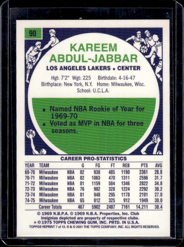 2001-02 Topps #7 Kareem Abdul-Jabbar Kareem Abdul-Jabbar Commemorative Series