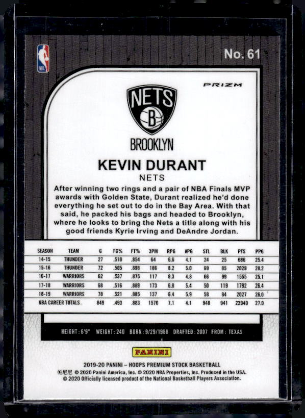 2019-20 Hoops Premium Stock #61 Kevin Durant Prizm Silver Mojo