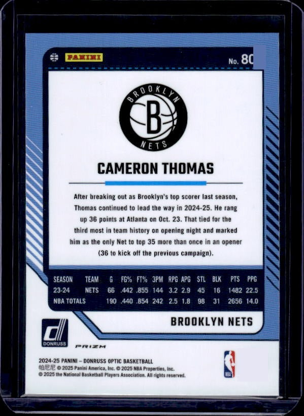 2024-25 Donruss Optic #80 Cameron Thomas Purple