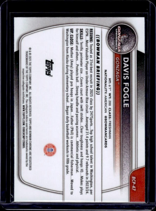 2025-26 Bowman #BCP-47 Davis Fogle Chrome Prospects