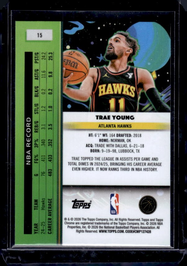 2025-26 Topps Chrome Cosmic #15 Trae Young Blue Moon Refractor #/99