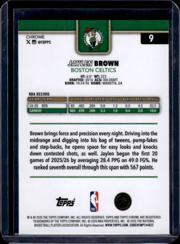 2025-26 Topps Chrome Update #9 Jaylen Brown Purple RayWave Refractor #/75
