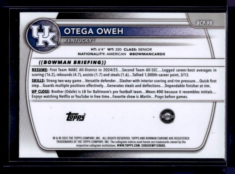 2025-26 Bowman #BCP-98 Otega Oweh Chrome Prospects Reptilian Refractor