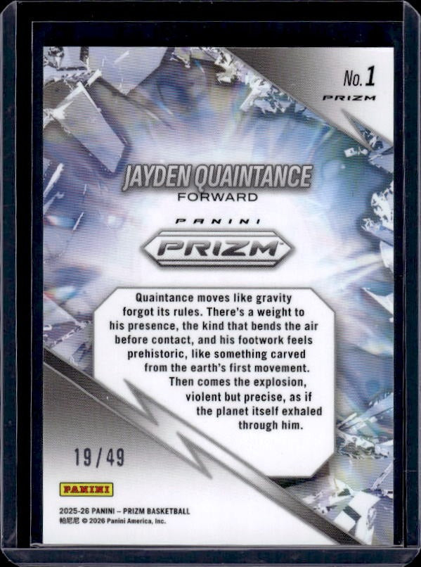 2025-26 Panini Prizm #1 Jayden Quaintance Prizm Break Prizm Blue Ice #/49