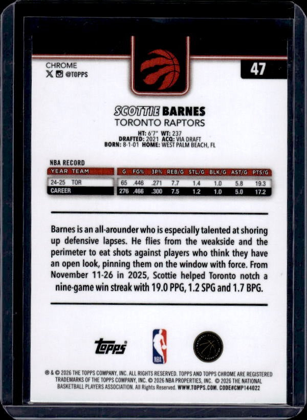 2025-26 Topps Chrome Update #47 Scottie Barnes Green Basketball Refractor #/99