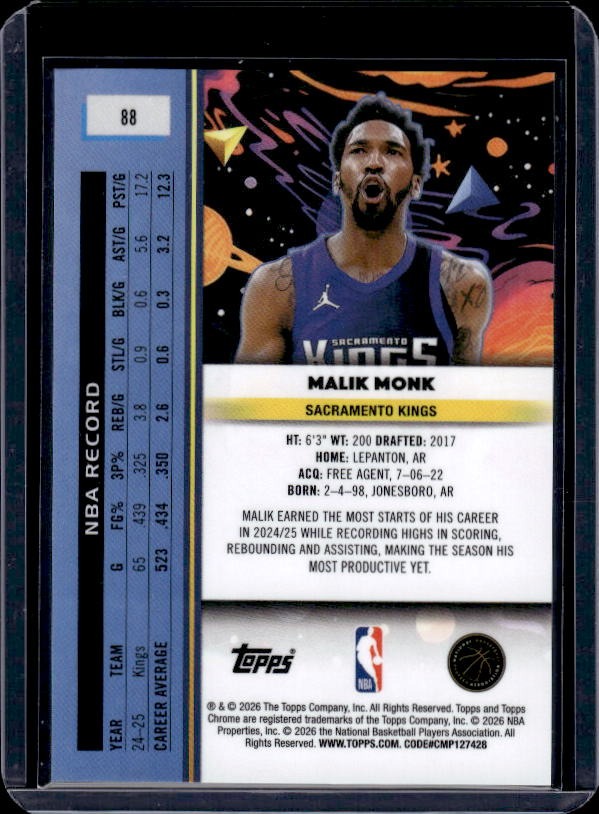 2025-26 Topps Chrome Cosmic #88 Malik Monk Black Eclipse Refractor #/10